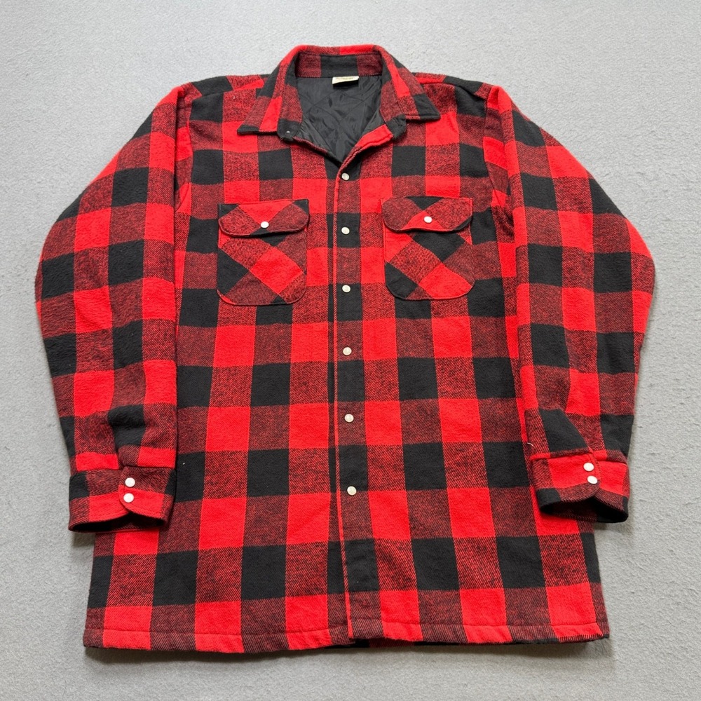 Vintage Five Brother Shacket Mens LT Red Black Plaid Quilted Lined Made in USA